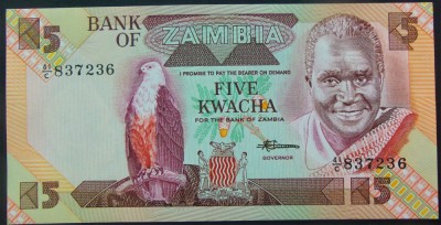 BANCNOTA EXOTICA 5 KWACHA - ZAMBIA, anul 1980 *cod 17 = UNC foto