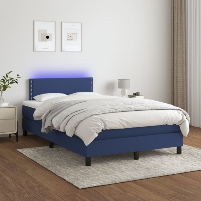 vidaXL Pat cu arcuri, saltea și LED, albastru, 120x200 cm, textil 3133067