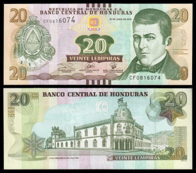 HONDURAS █ bancnota █ 20 Lempiras █ 2019 █ P-100 █ UNC █ necirculata foto