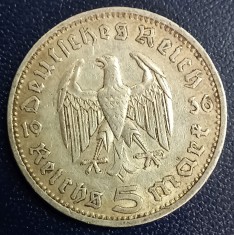 (A1069) MONEDA DIN ARGINT GERMANIA - 5 MARK 1936, LIT. D, PAUL VON HINDENBURG