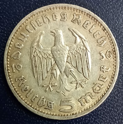 (A1069) MONEDA DIN ARGINT GERMANIA - 5 MARK 1936, LIT. D, PAUL VON HINDENBURG foto