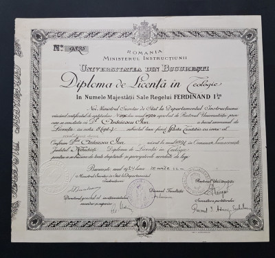 Diploma 1924 de licenta in teologie , per. regalista , Universitatea Bucuresti foto