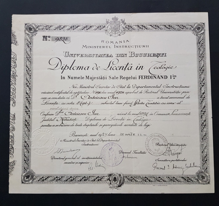 Diploma 1924 de licenta in teologie , per. regalista , Universitatea Bucuresti