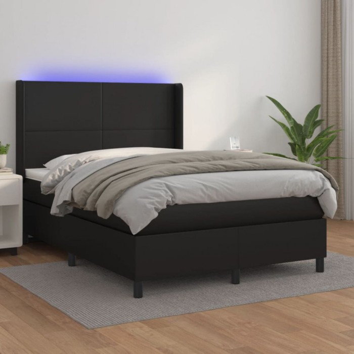 vidaXL Pat cu arcuri, saltea și LED, negru, 140x200cm, piele ecologică 3139265