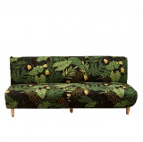 Husa elastica pentru canapea si pat, negru cu frunze verzi, 190X 210 cm
