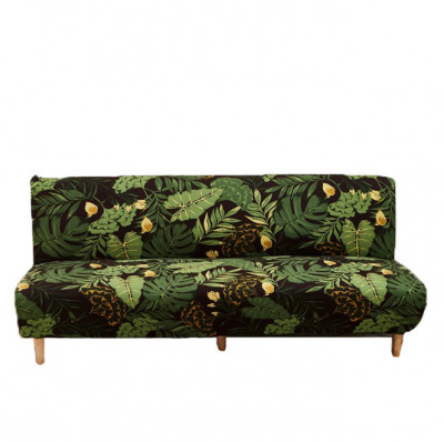 Husa elastica pentru canapea si pat, negru cu frunze verzi, 190X 210 cm foto