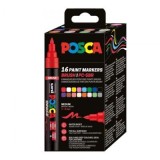 Marker UNI PC-5BR, varf pensula, 1-4 mm, set 16 culori, Posca (M1603)