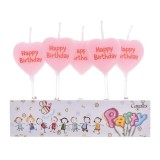Cumpara ieftin Set 5 Lumanari Decorative pentru Tort, Model Inima cu Mesaj Happy Birthday, din Ceara, 2.5 x 2.5 cm, Roz, Accesorii pentru Aniversare