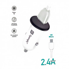 Incarcator Masina USB Port, 2.4 A si Cablu Oncarcare 1M Micro Protectie Premium - Negru-Alb