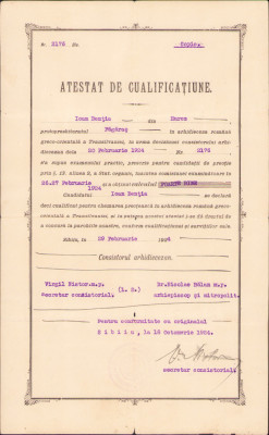 HST A1524 Atestat cualificațiune preot 1924 semnat olograf episcop Virgil Nistor foto