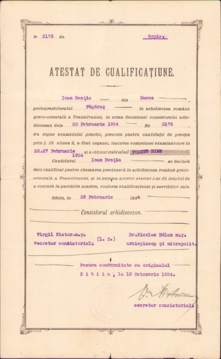 HST A1524 Atestat cualificațiune preot 1924 semnat olograf episcop Virgil Nistor