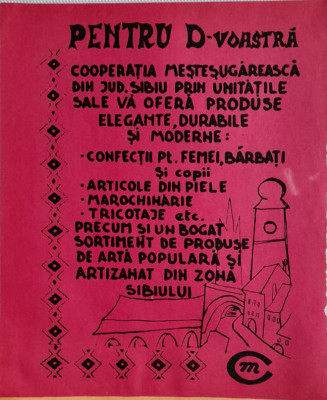 1971 Reclamă Cooperativa mestesugareasca din jud SIBIU epoca aur, 24 x 20 cm foto