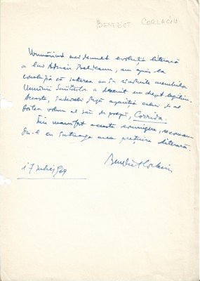 A3259N Document scris și semnat olograf de Benedict Corlaciu, 1969 foto