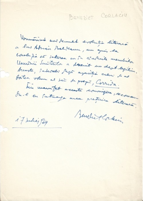 A3259N Document scris și semnat olograf de Benedict Corlaciu, 1969