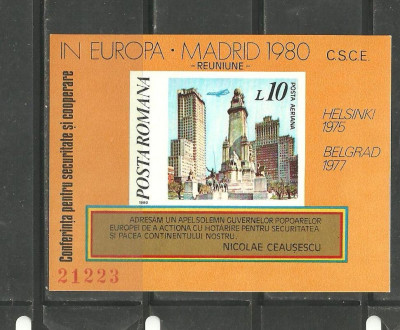 ROMANIA 1980 &amp;ndash; CONFERINTA EUROPEANA MADRID, colita NDT cu SARNIERA, EW1 foto