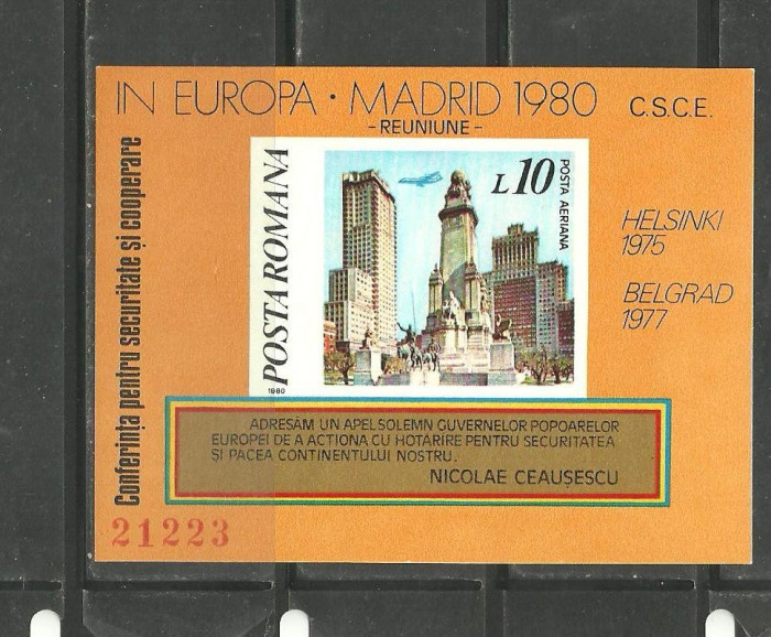 ROMANIA 1980 &ndash; CONFERINTA EUROPEANA MADRID, colita NDT cu SARNIERA, EW1