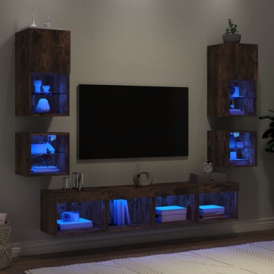 vidaXL Unități de perete TV cu LED-uri, 8 piese, stejar fumuriu, lemn foto