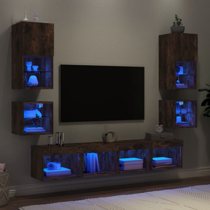 vidaXL Unități de perete TV cu LED-uri, 8 piese, stejar fumuriu, lemn