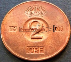 Moneda 2 ORE - SUEDIA, anul 1970 *cod 4281 B = A.UNC - EROARE de BATERE
