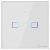 Intrerupator inteligent cu touch Sonoff T0 EU TX, Wireless, 2 canale, compatibil iOS/Android, Amazon Alexa/Google Assistant, sticla, Alb