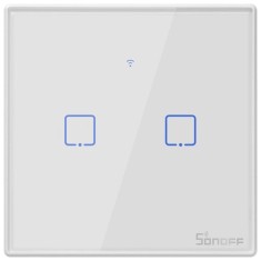 Intrerupator inteligent cu touch Sonoff T0 EU TX, Wireless, 2 canale, compatibil iOS/Android, Amazon Alexa/Google Assistant, sticla, Alb