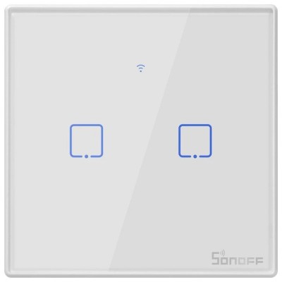 Intrerupator inteligent cu touch Sonoff T0 EU TX, Wireless, 2 canale, compatibil iOS/Android, Amazon Alexa/Google Assistant, sticla, Alb foto