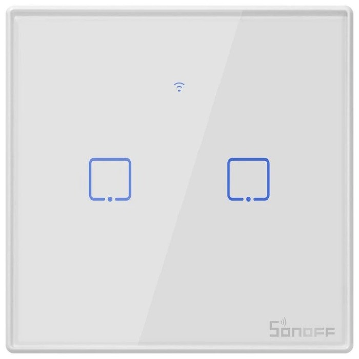 Intrerupator inteligent cu touch Sonoff T0 EU TX, Wireless, 2 canale, compatibil iOS/Android, Amazon Alexa/Google Assistant, sticla, Alb