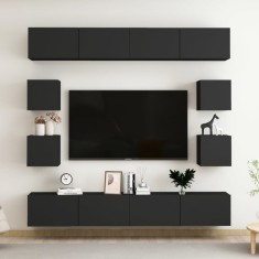 Set dulapuri TV, 8 piese, negru, lemn prelucrat