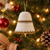 Clopoțel croșetat handmade pentru brad, alb și auriu, 10 cm