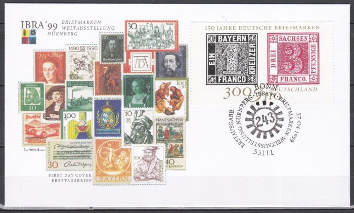 Germania 1999 - Expoziția Internațională de Timbre &bdquo;IBRA &#039;99&rdquo; - N&uuml;rnberg, A 150-a aniversare a timbrelor germane, FDC