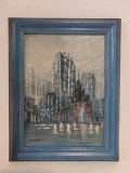 Tablou Semnat W. Bonsall &ndash; Skyline New York, Pictură Ulei Mid-Century, Ramă Lemn Albastră,