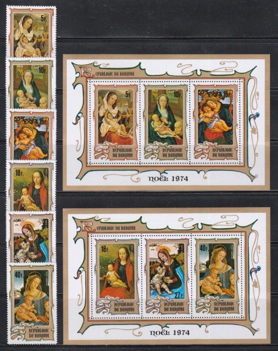 Burundi 1974 - Crăciun - Picturi de Botticelli, Memling, Lippi, s.a., 2 Serii + 2 Colițe, SET COMPLET, MNH
