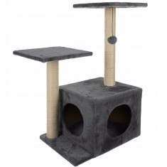 Ansamblu de joaca pentru pisici, Purlov, cu platforme si ciucure, gri si bej, 44x34x71 cm