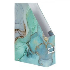 Suport Dosare și Reviste, Model Marble, Carton, Turcoaz, Detalii Aurii, Cadru Metalic pentru Etichetă, 23x8x33cm