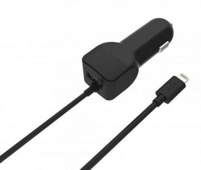 Alimentator USB bricheta auto cu cablu Lighting 2 iesiri 2.4A negru Well foto