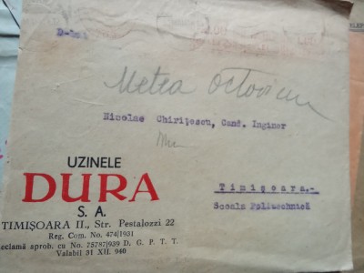 Plic cu Stampila Uzinele DURA Timisoara foto