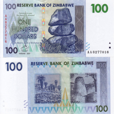 ZIMBABWE 100 dollars 2007 UNC!!! foto