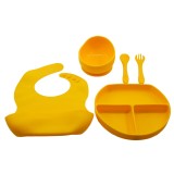 Set 5 piese diversificare bebelusi si copii din silicon, baveta, farfurie compartimentata cu ventuza, bol cu ventuza, tacamuri, fara alergeni, galben