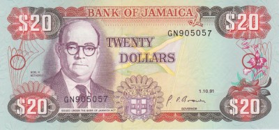 Bancnota Jamaica 20 Dolari 1991 - P72d UNC ( vezi descriere ) foto