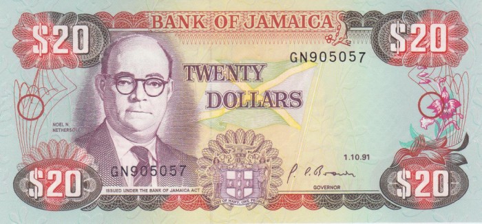 Bancnota Jamaica 20 Dolari 1991 - P72d UNC ( vezi descriere )