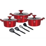 Set oale Grunberg 10 piese, 3 vase compatibile plita inductie, 3 capace sticla, 4 ustensile, Rosu
