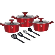Set oale Grunberg 10 piese, 3 vase compatibile plita inductie, 3 capace sticla, 4 ustensile, Rosu