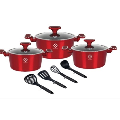 Set oale Grunberg 10 piese, 3 vase compatibile plita inductie, 3 capace sticla, 4 ustensile, Rosu foto