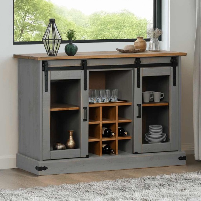 Bufetă HALDEN 2 uși glisante gri 112x40x80 cm lemn masiv