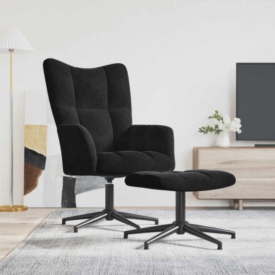 Scaun de relaxare cu taburet, negru, catifea foto