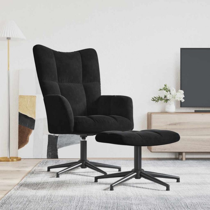 Scaun de relaxare cu taburet, negru, catifea