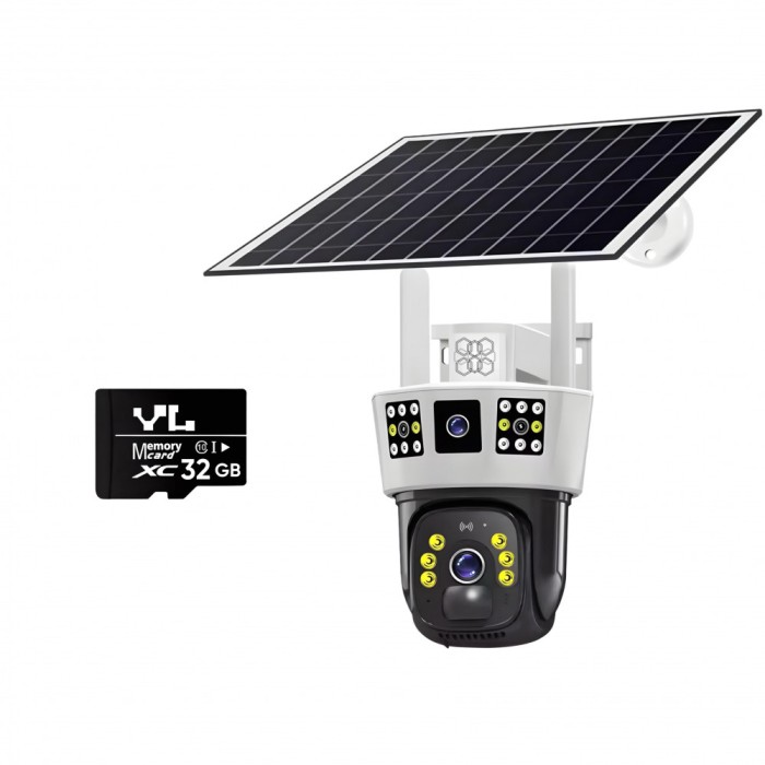 Camera de supraveghere Video CCTV cu vedere tripla, Panou solar 8000mAh, HexaEye
