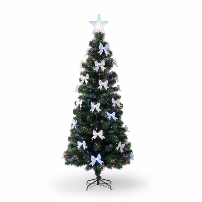 Brad artificial 210 cm, fundite si fibra optica, stea in varf, lumini multicolore, suport metalic, verde