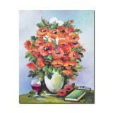 Tablou pictat manual, Vaza cu maci imperiali, carte si pahar - 50x40cm pictura ulei pe panza