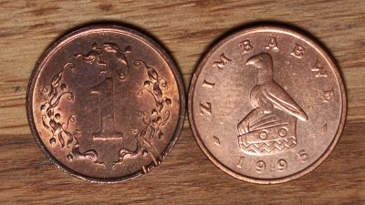 Zimbabwe -set de colectie exotic- 1 cent 1983 + 1995 - bronz &amp;amp; otel placat XF+ foto